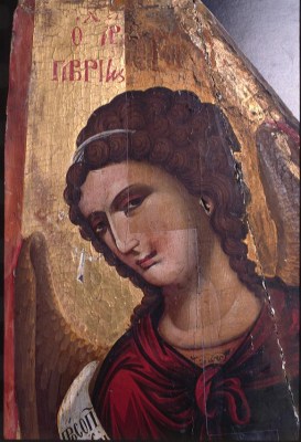 The icon of the archangel Gabriel, Pelentri, around 1500, during cleaning by Vojislav Lukovic, 1994.